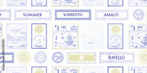 Vintage style postage stamps featuring coastal scenes and italian destinations