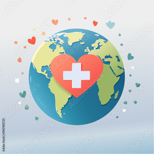 Global healthcare and humanitarian aid concept, featuring a compassionate heart with a medical cross on Earth, surrounded by symbols of universal well-being and support
