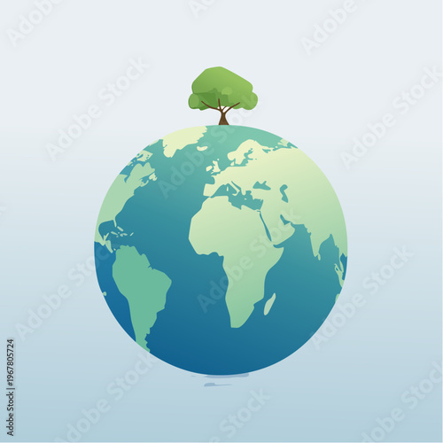 A clean vector illustration depicting a vibrant green tree thriving on a stylized Earth globe, symbolizing global environmental protection, sustainability, and our planet's future