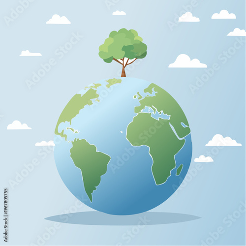 A vibrant illustration depicting a lush green tree flourishing atop a healthy blue and green Earth, symbolizing global environmental care and the importance of sustainability