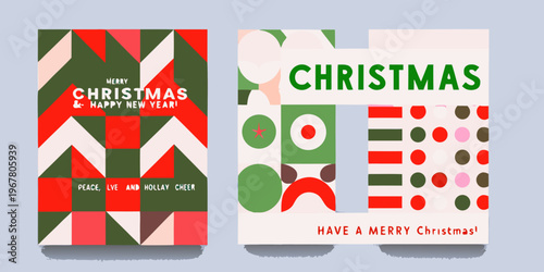Two christmas cards with geometric patterns and festive greetings displayed