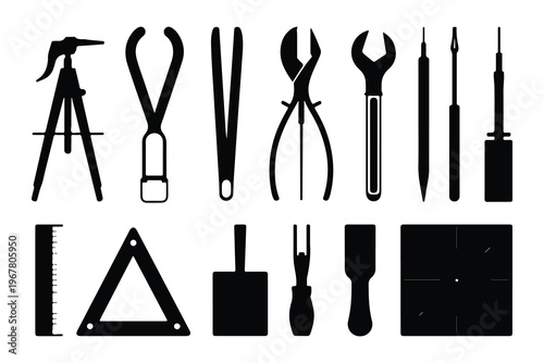 Black silhouettes of various hand tools on white background
