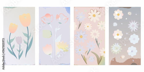 Four vertically oriented panels displaying delicate floral illustrations