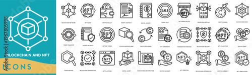 Blockchain and NFT line set. Blockchain Network, NFT Token, Crypto Wallet, Smart Contract, Digital Ledger, Token Sale, NFT Marketplace and Decentralized App