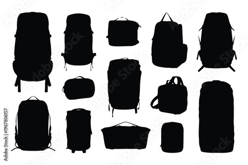Black silhouettes of various backpacks and bags white background
