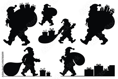 Santa Claus silhouettes carrying gift bags and presents