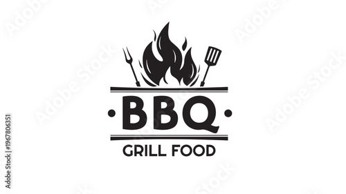 BBQ grill food logo with flames, fork, and spatula, black and white design for restaurant or food business branding.