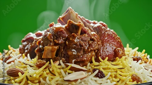 Mandi Lamb Biryani Aromatic Rice With Tender Meat Chunks Generous Garnish And Steaming Hot Ready To Serve For Culinary Advertising and Promotions