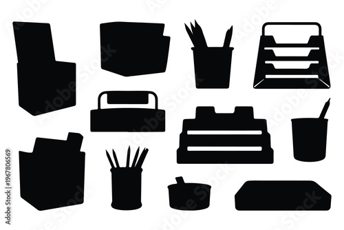 Black silhouettes of office supplies and furniture