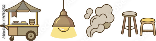 Outdoor Food Stall Elements with Cart Lamp and Seating Stools
