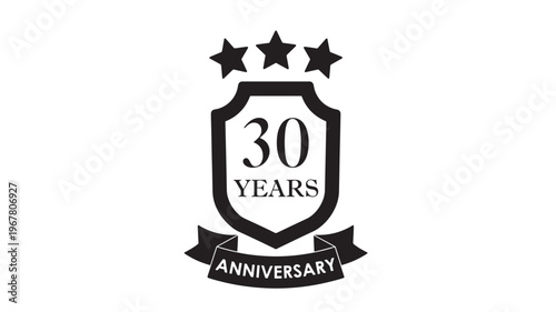 Shield emblem with three stars and banner celebrating 30 years anniversary in black and white vector style.