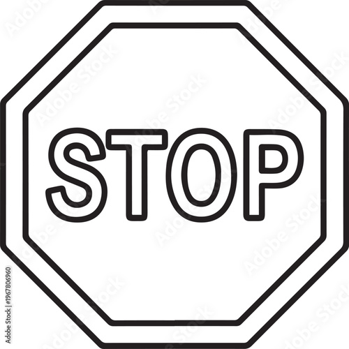 Stop sign vector in black and white representing traffic control regulation driving safety rules and transport signage