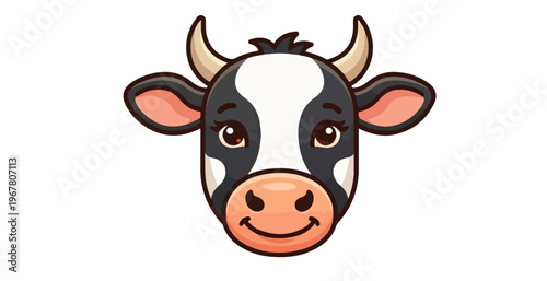Cute cow face vector illustration, flat cartoon style dairy cattle head icon isolated on white background.