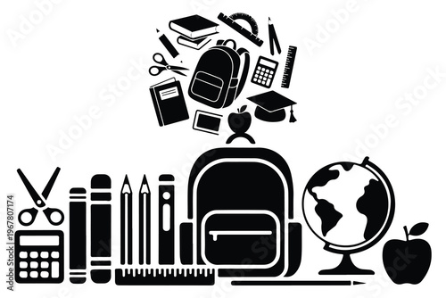Black school supplies on white background education