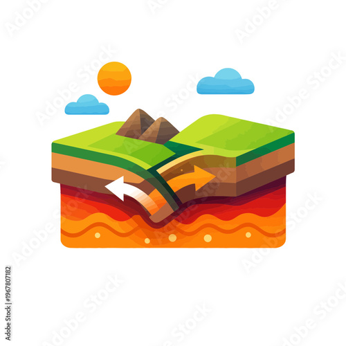Geological illustration of tectonic plate convergence, an icon for earth science education
