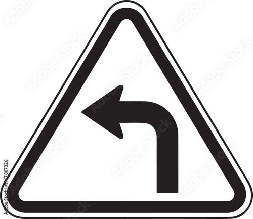 Left turn ahead sign vector in black and white representing traffic direction navigation road guidance and driving safety signage