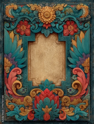 Ornate ancient filigree border with intricate decorative patterns surrounding a clean blank space, creating a refined vintage page design inspired by classic tomb-style ornamental details