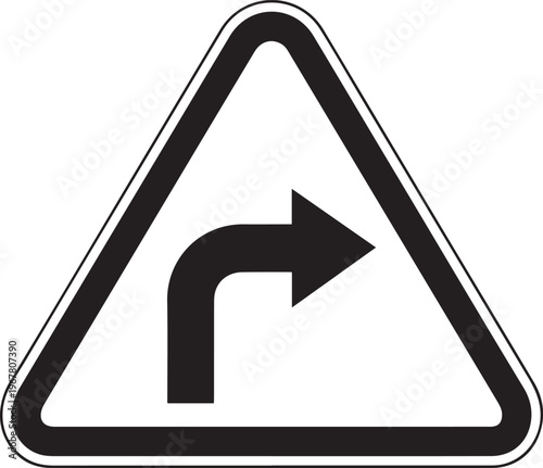 Right turn ahead sign vector in black and white representing traffic direction navigation road guidance and driving safety signage
