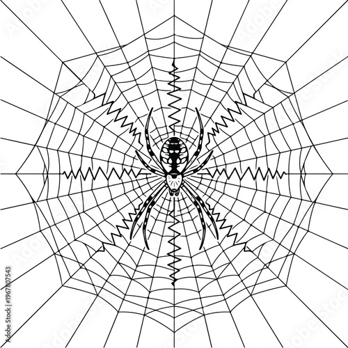 Black spider in web closeup.