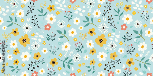 Delicate floral pattern with scattered wildflowers on a light blue background