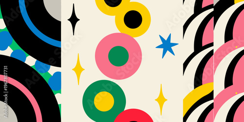 Colorful abstract shapes and patterns arrange across a cream background