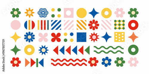 Colorful abstract shapes and floral designs arranged in horizontal rows