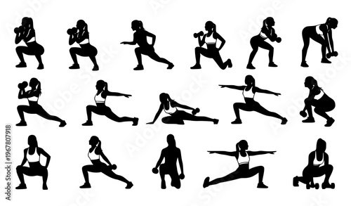 Gym girl silhouette set vector collection with multiple fitness workout poses isolated on white background