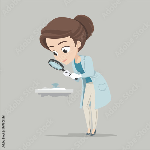 Female Scientist Examining with Magnifying Glass.