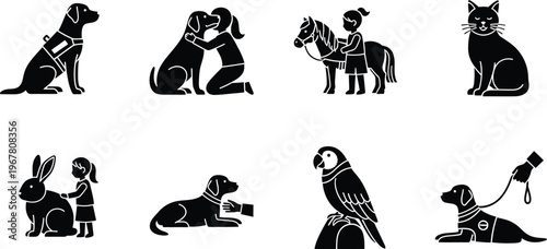 Service Animals and Pet Therapy Icon Set Featuring Guide Dog, Emotional Support Animals, Therapy Pony, Rabbit, Parrot, and Cat Silhouettes Isolated for Healthcare and Accessibility Design