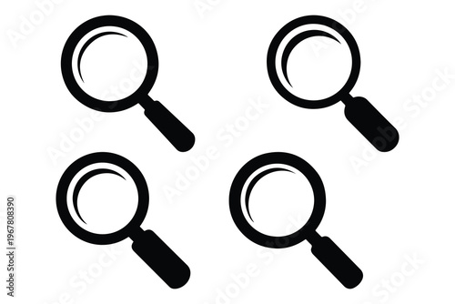 Four black magnifying glass on white background search