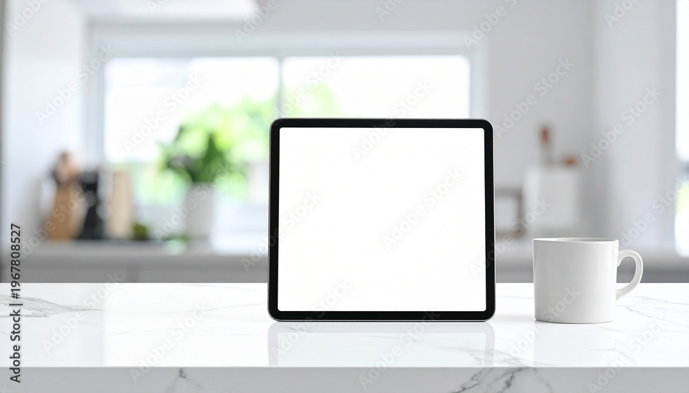 Fototapeta premium Mockup digital tablet with a blank white screen on a modern kitchen countertop.