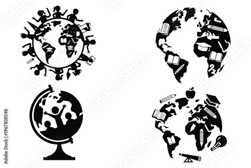 Black and white of globes with education related learning