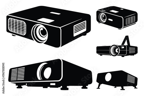 Black and white projector in various angles silhouette