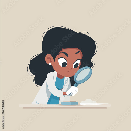 Female Detective Cartoon Analyzing Clues With Magnifying Glass.