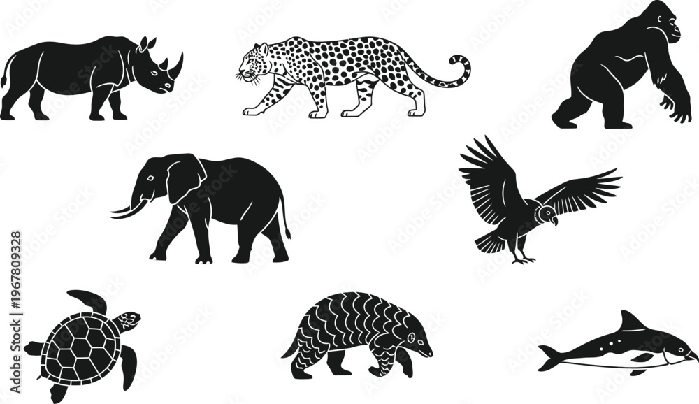 Obraz premium Endangered Animals and Wildlife Conservation Vector Icon Set Featuring Rhinoceros, Elephant, Leopard, Gorilla, Sea Turtle, Pangolin, Condor, and Dolphin Isolated on White Background