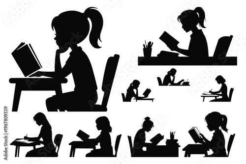 Black silhouettes of girls reading and writing at desks