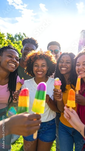 Diverse group of happy friends enjoying colorful popsicles and ice cream outdoors on a sunny day.
