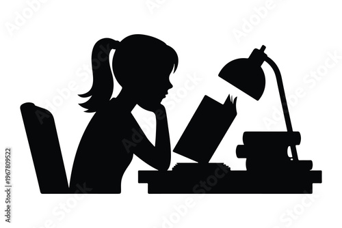 Girl sitting at desk with lamp and book child silhouette
