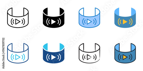 Streaming in VR icons set multiple style collection. Editable stroke 
