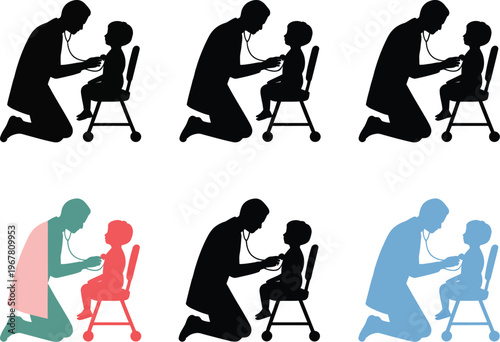 Pediatrician examination illustration, doctor examining child with stethoscope in healthcare setting representing medical care child health and hospital professional concept.