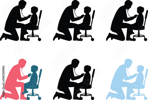 Pediatrician examination illustration, doctor examining child with stethoscope in healthcare setting representing medical care child health and hospital professional concept.