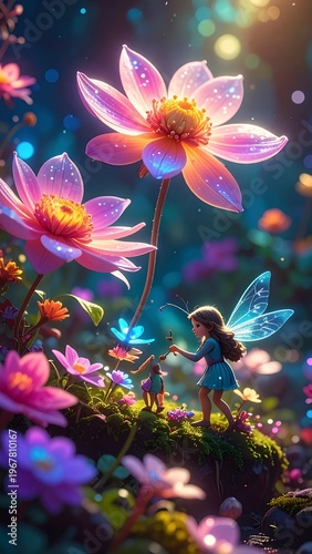 Enchanting Fairy World with Glowing Flowers and Magical Light.