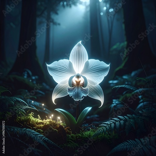 Enchanting Luminous Orchid in a Mystical Forest Setting.