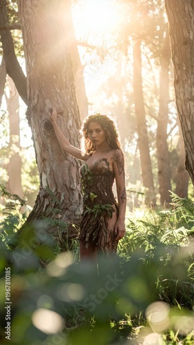 Enchanting woman in nature, bathed in golden sunlight, embodying a mystical forest spirit.