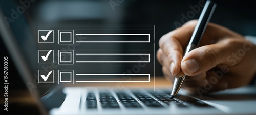 Hand Holding Pen Checking Digital Checklist on Transparent Interface, Quality Control, Business Compliance and Inspection Concept, Elegant Banner with Copy Space