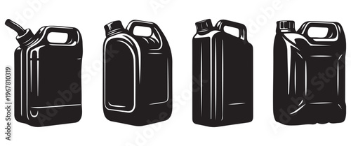 Jerry Can Icon Set – Black Fuel, Oil and Chemical Container Vector Icons Isolated on White Background