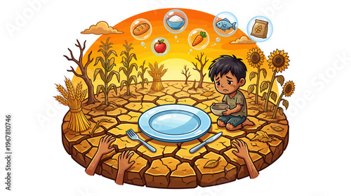 Illustration of a hungry boy on cracked earth dreaming of food during a severe drought, highlighting global famine, poverty, and the impact of climate change.