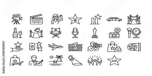 line icon collection of luxury celebrity lifestyle featuring red carpet events, paparazzi cameras, award trophies, limousines, private jets, and glamorous film stars.