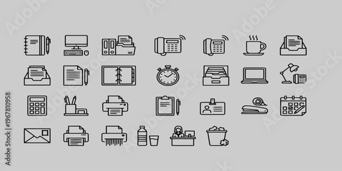 line icon collection of professional office supplies including computers, documents, telephones, calculators, printers, folders, desks, and business organizational workspace tools.