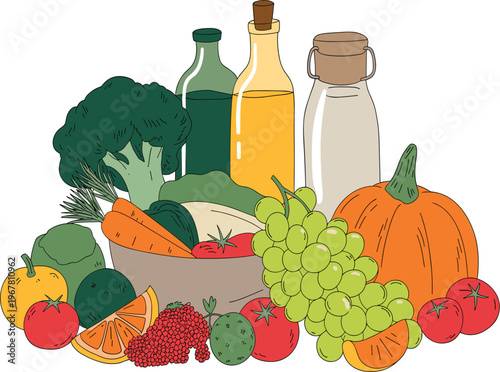 Fresh organic healthy food vector illustration, vegetables, fruits, oil bottles, milk, harvest, natural products concept